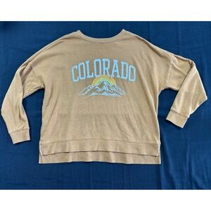 Colsie Colorado Mountain Graphic Sweatshirt Tan Brown Crewneck Pullover Medium